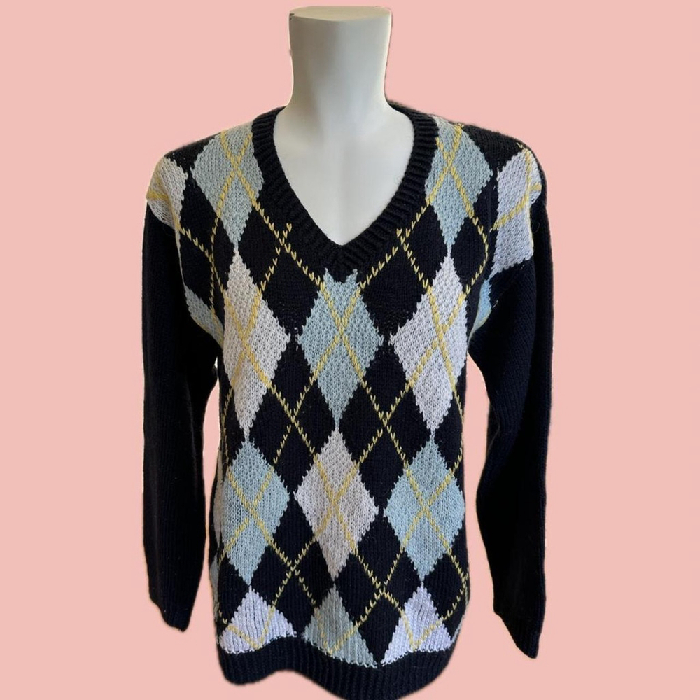 Hand-Knitted Argyle Sweater – 2000s Acrylic Mix